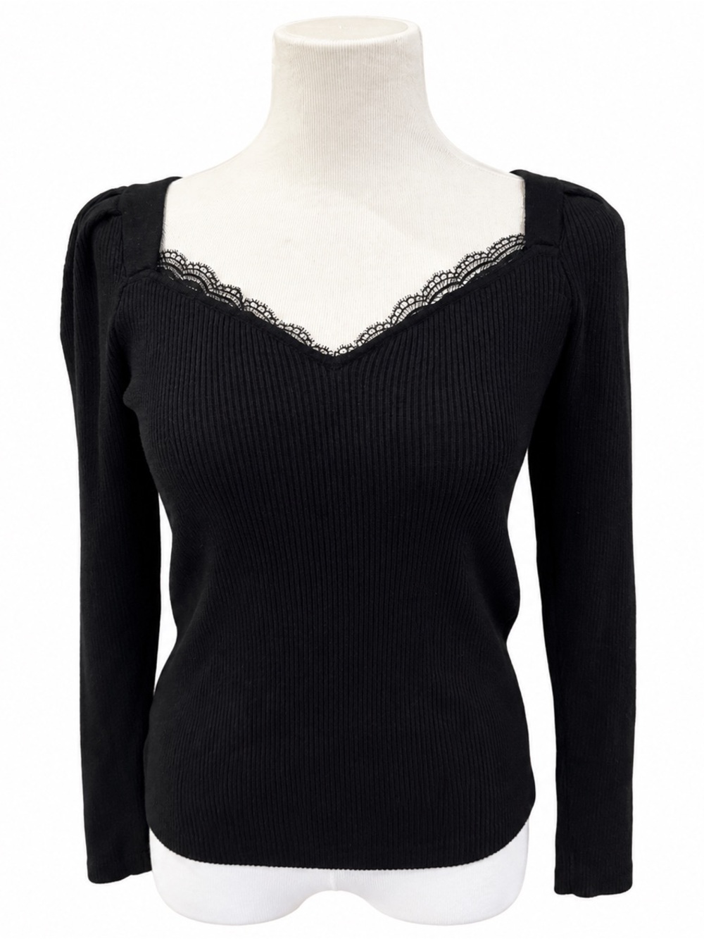 Halogen Black Ribbed Knit Top with Label Detail